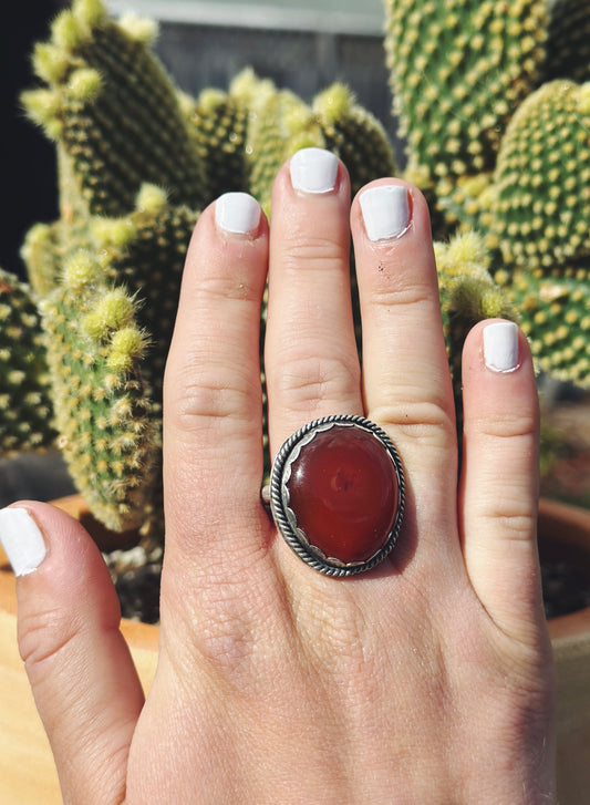 Sterling Silver Round Carnelian Ring - Size 8.5